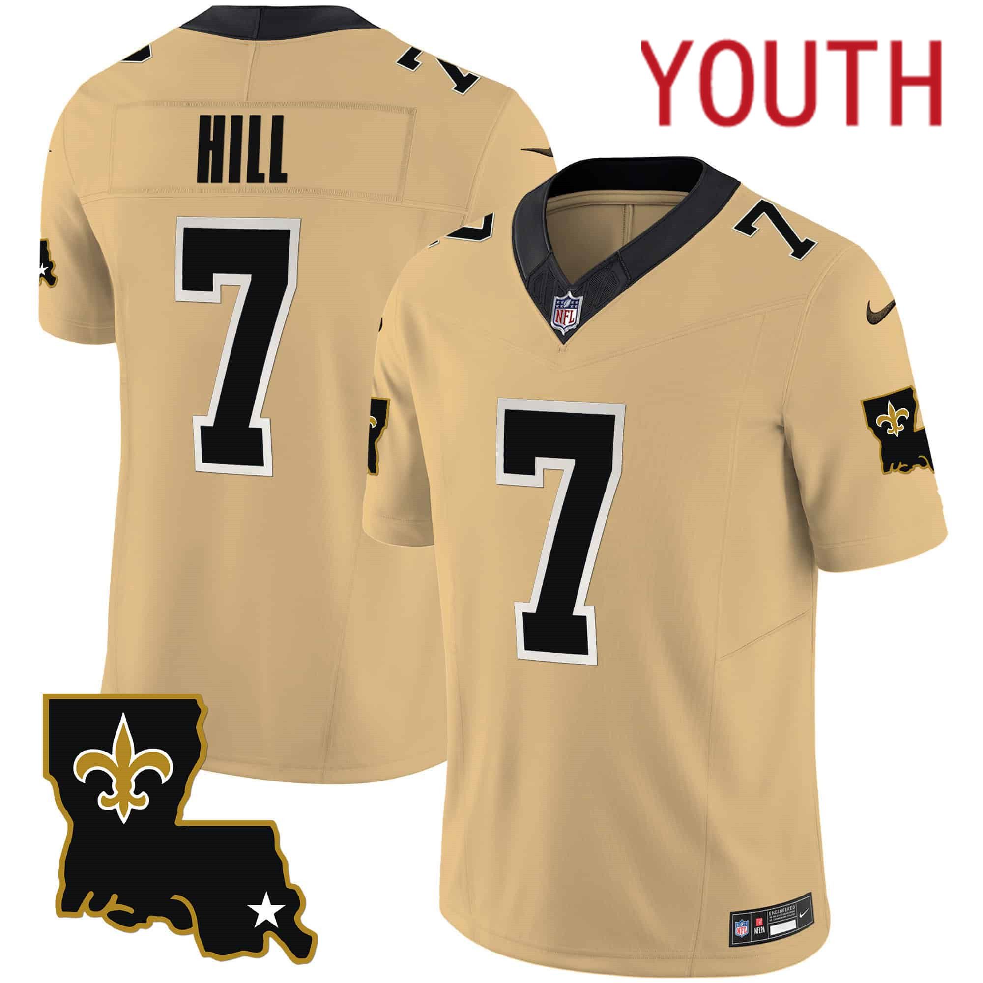 Youth New Orleans Saints #7 Hill Yellow 2024 Nike 1987 Legacy Vapor Limited NFL Jersey->youth nfl jersey->Youth Jersey